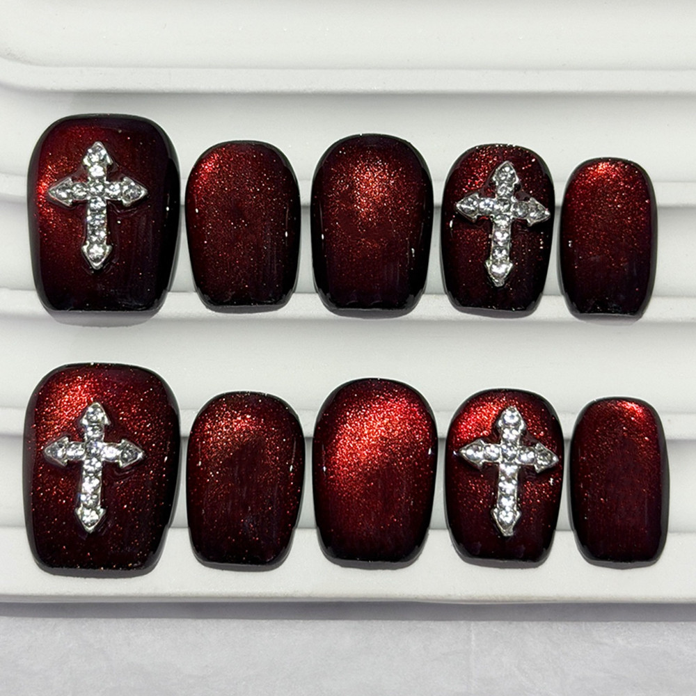 Nail Art Eye Cat - 10 Buah Kuku Palsu Warna Merah