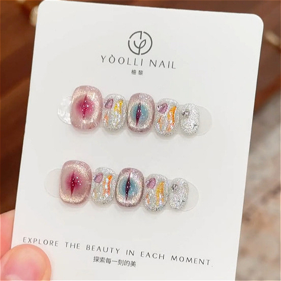 10Pcs Kuku Palsu Pendek Bulat  - Nail Art Eye Cat ulasan dan harga